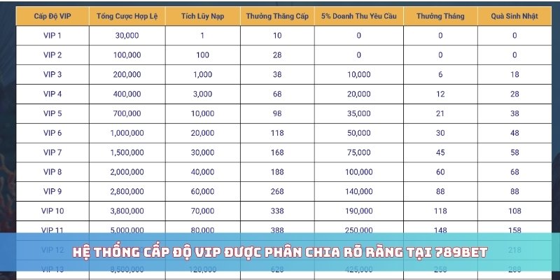Hệ thống cấp độ VIP được phân chia rõ ràng tại 789BET